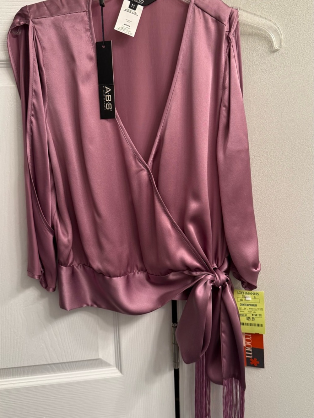 ABS Allen Schwartz Dusty Rose Satin Wrap Blouse with Side Tie